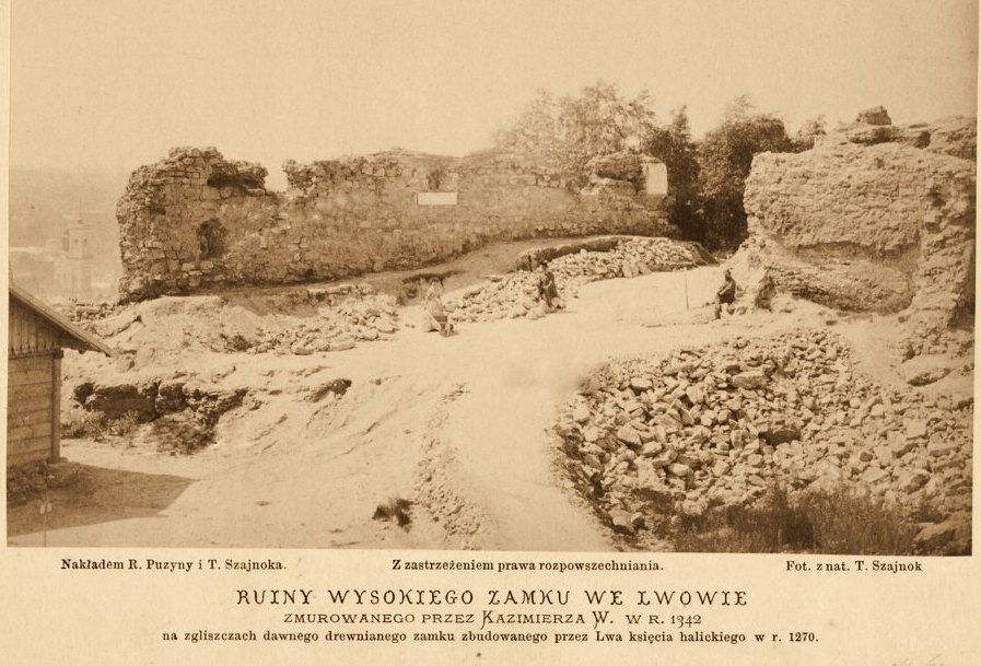 Залишки стін Високого Замку. Внизу видно ратушу. Фото Гриць Совків