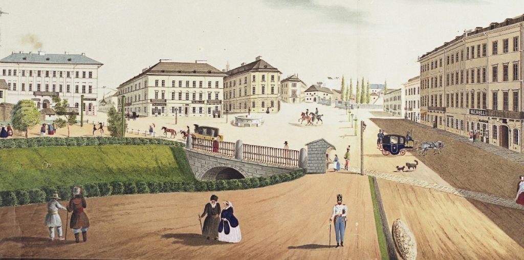 Частково перекрита річка Полтва на теперішній площі Міцкевича, 1847 рік