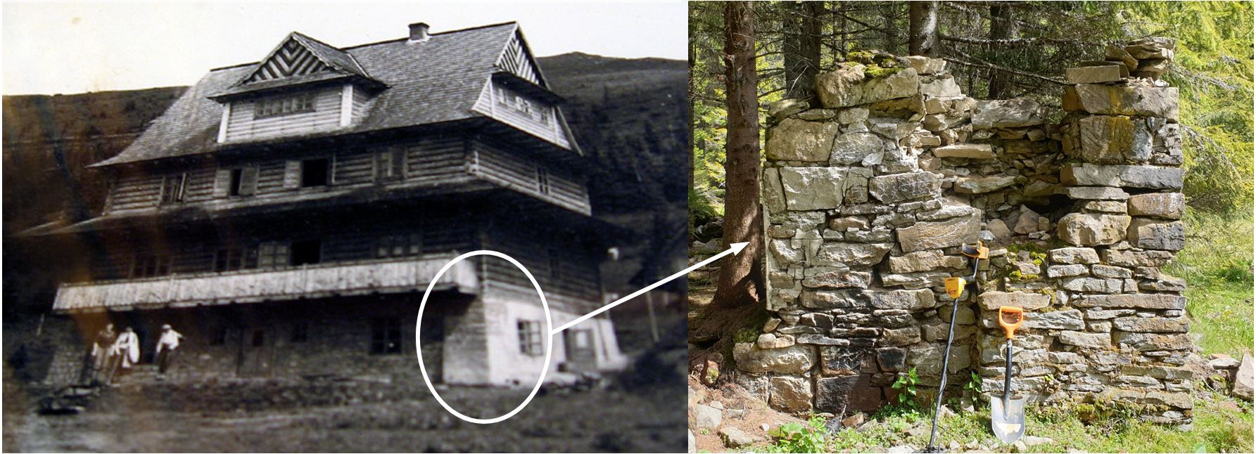 Кам'яний фундамент - все що залишилося від туристичного притулку 1930-х років. Цей же кут видно і на старих фото