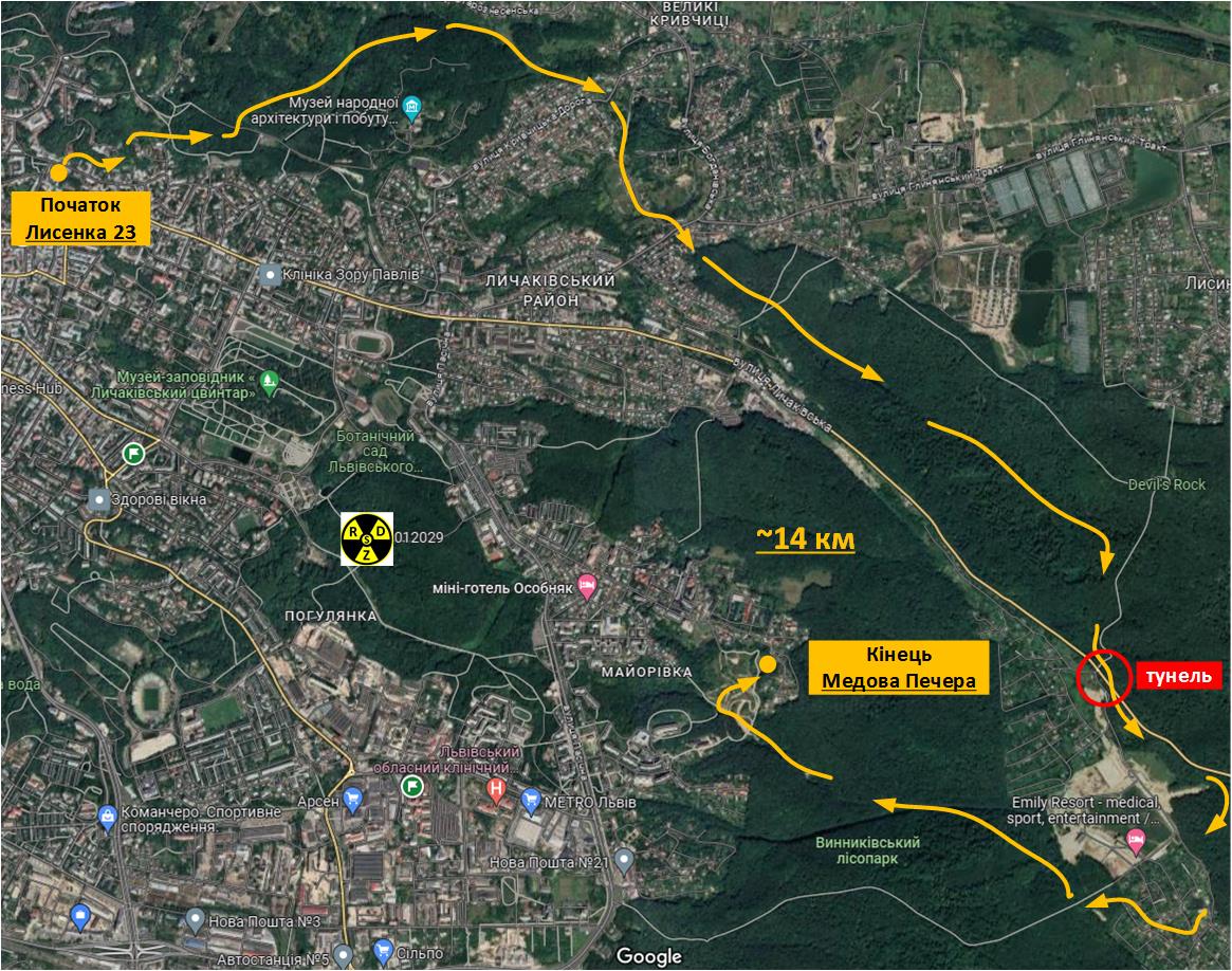 Карта зеленого маршруту від центру Львова до Чортових скель та Медової Печери