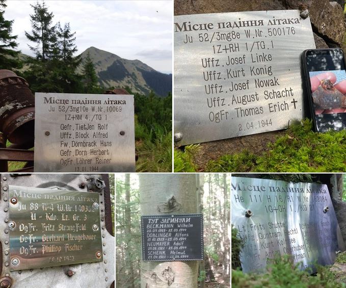Пам'ятні таблички на місцях падіння літаків в Карпатах